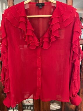 TOPSHOP Red Ruffle-Trim Sheer Button Blouse